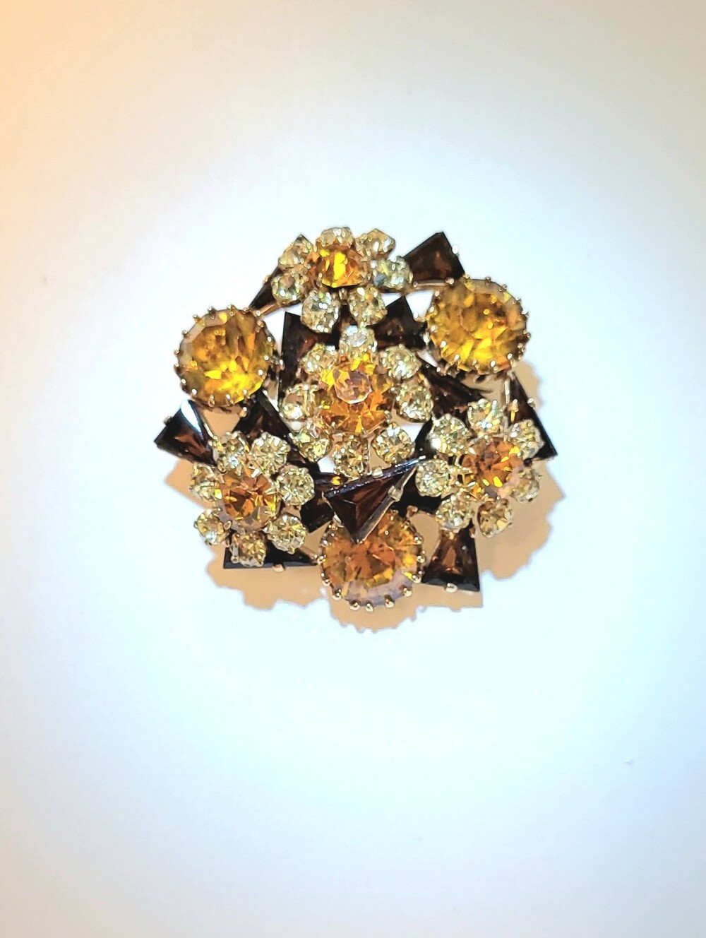 Vintage Gold-Tone Amber Crystal Floral Brooch - Women Jewelry